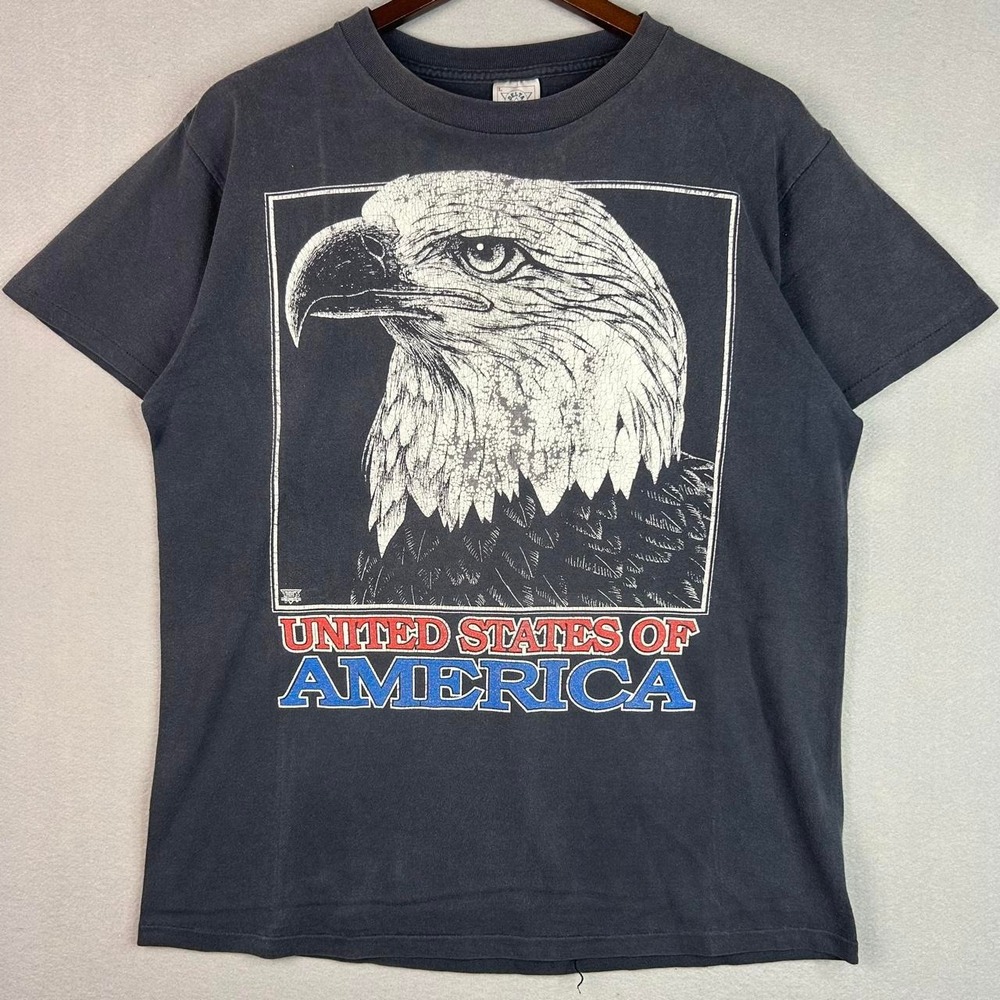 Vintage United States Of America Eagle Faded Black Tee Shirt L